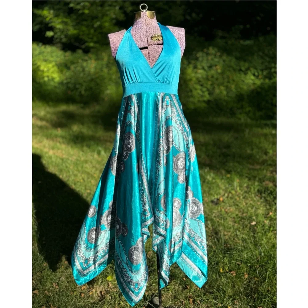 Y2K Boho Fairy Handkerchief Hem silky patterned halter dress Sz L - Picture 1 of 12